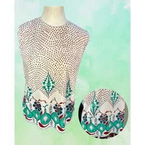 Vintage 70s Kmart Green Red Raindrop Flower Pomegranate Print Sleeveless Top L